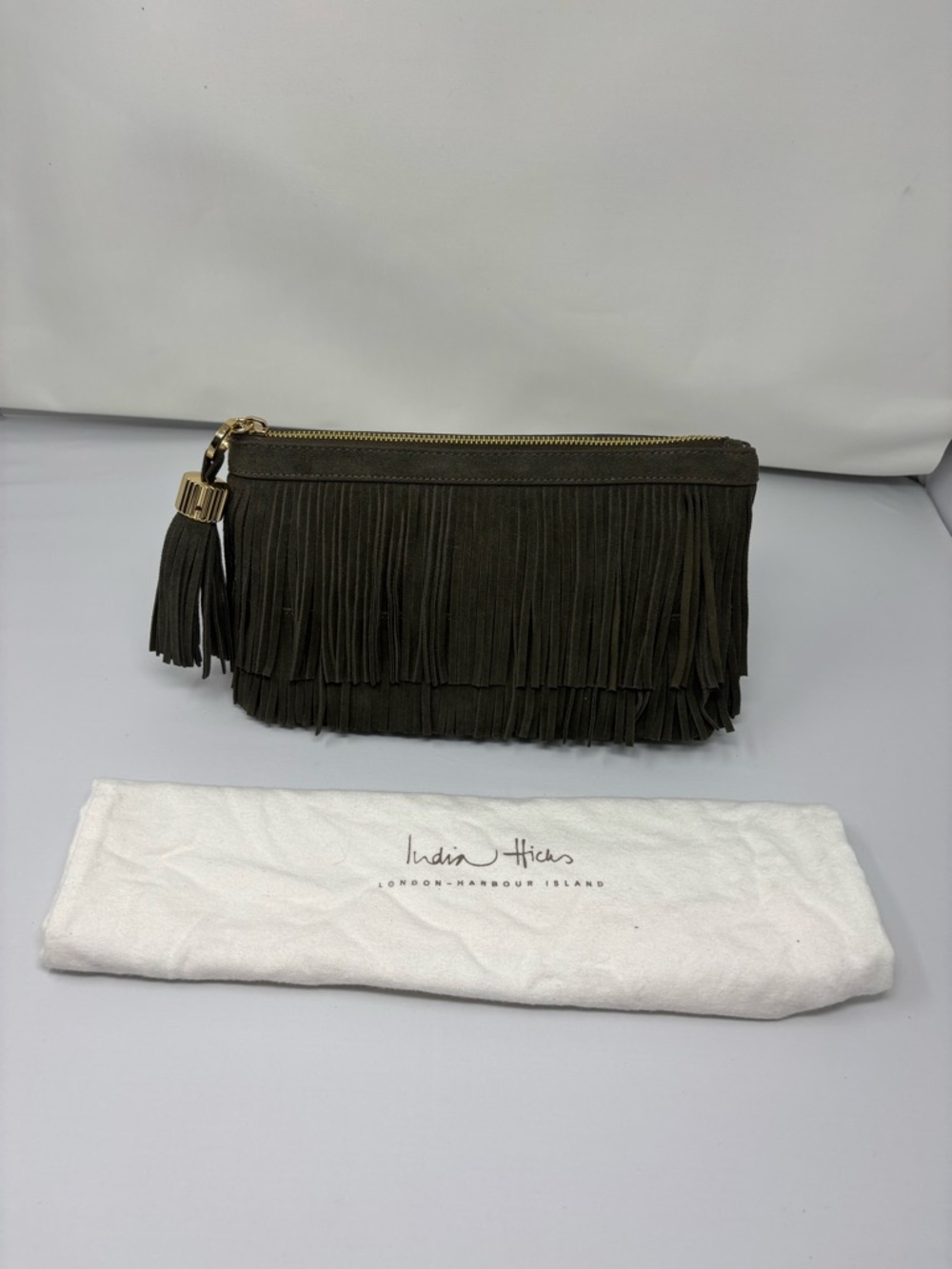 India Hicks Olive Fringe Tassel Clutch